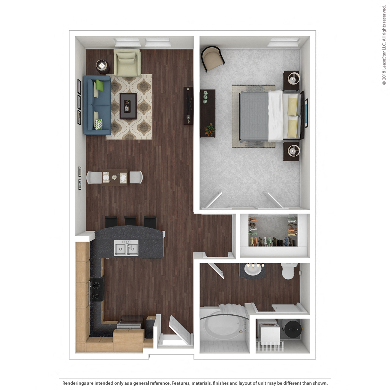 Floor plan for 1 bed, 1 bath, 682 sqft